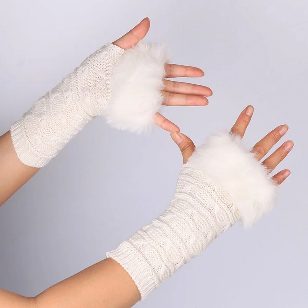 White Cable Knit Faux Fur Trim Fingerless Gloves - Women